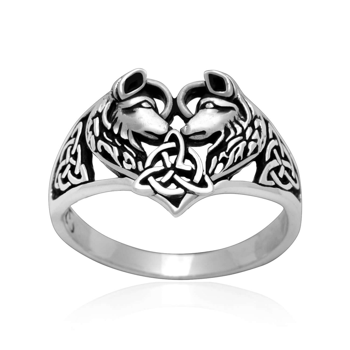 925 Sterling Silver Pair of Viking Wolves with Triquetra Ring - SilverMania925