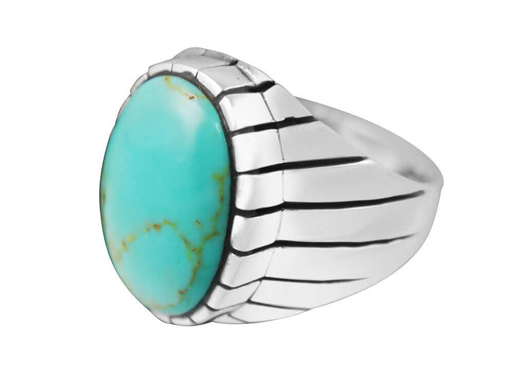 925 Sterling Silver Mens Oval Genuine Turquoise Stone Engraved Sides Solid Ring - SilverMania925