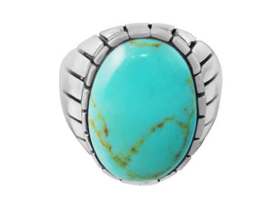 925 Sterling Silver Mens Oval Genuine Turquoise Stone Engraved Sides Solid Ring