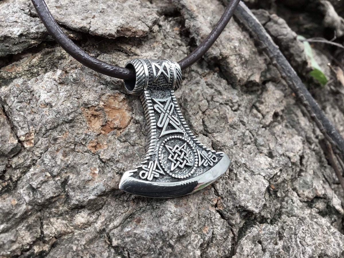 925 Sterling Silver Viking Knotwork Axe Double Sided Amulet - SilverMania925