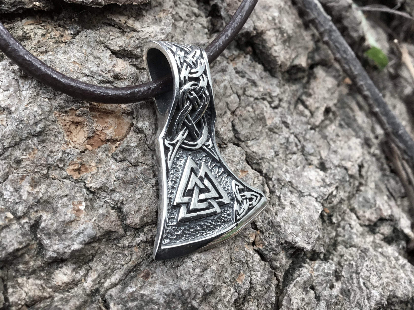 925 Sterling Silver Viking Valknut Triquetra Axe Amulet - SilverMania925