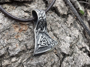 925 Sterling Silver Viking Valknut Triquetra Axe Amulet