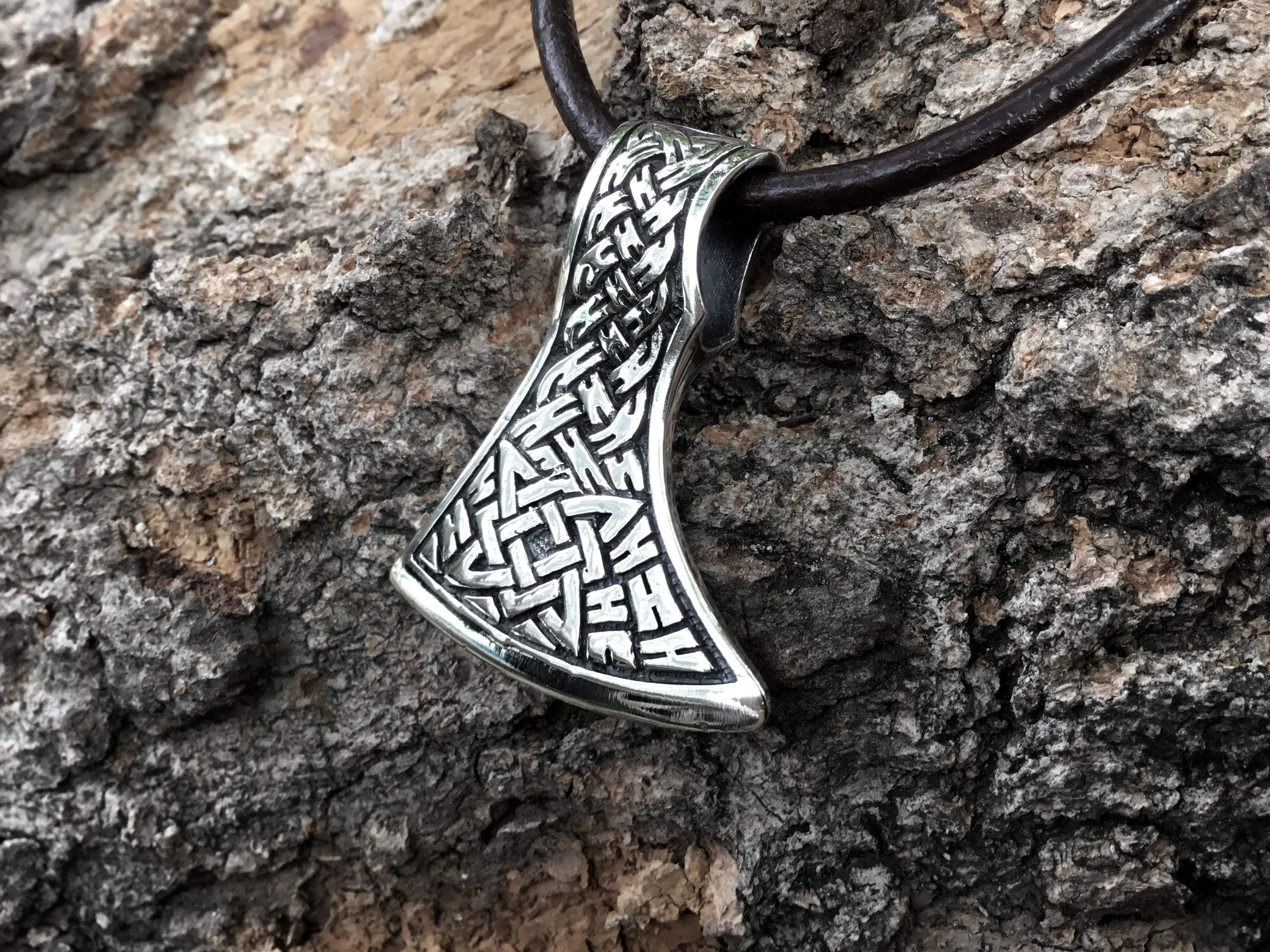 925 Sterling Silver Viking Knotwork Perun Axe Double Sided Pendant - SilverMania925