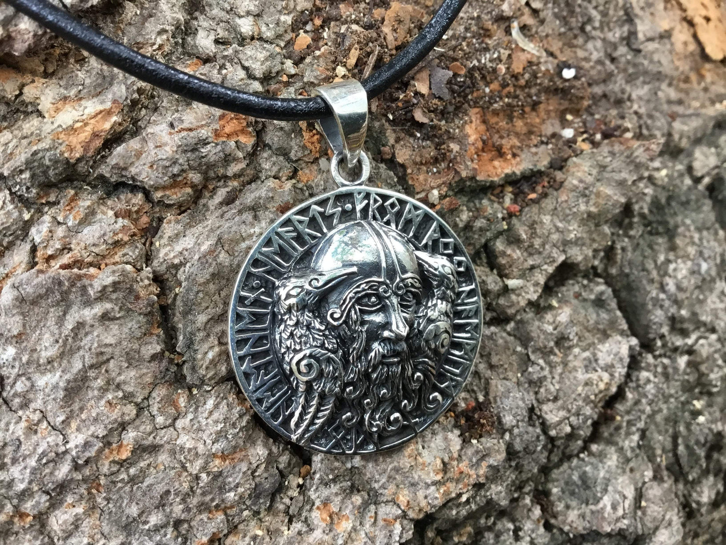925 Sterling Silver Viking Odin Huginn and Muninn Raven Runes Amulet - SilverMania925