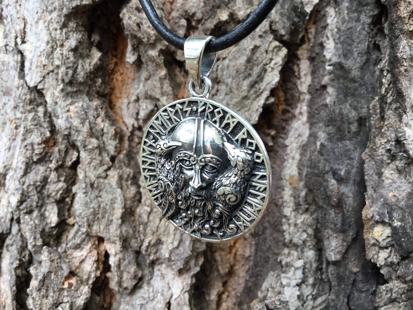 925 Sterling Silver Viking Odin Huginn and Muninn Raven Runes Amulet - SilverMania925