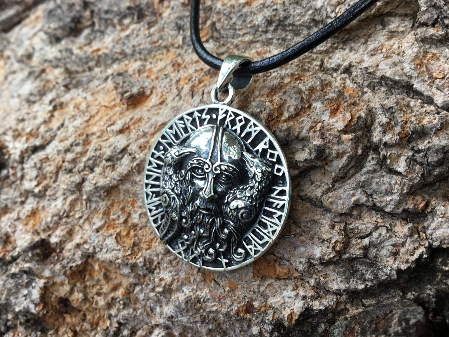 925 Sterling Silver Viking Odin Huginn and Muninn Raven Runes Amulet - SilverMania925