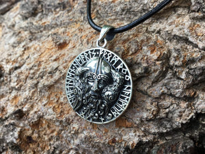 925 Sterling Silver Viking Odin Huginn and Muninn Raven Runes Amulet