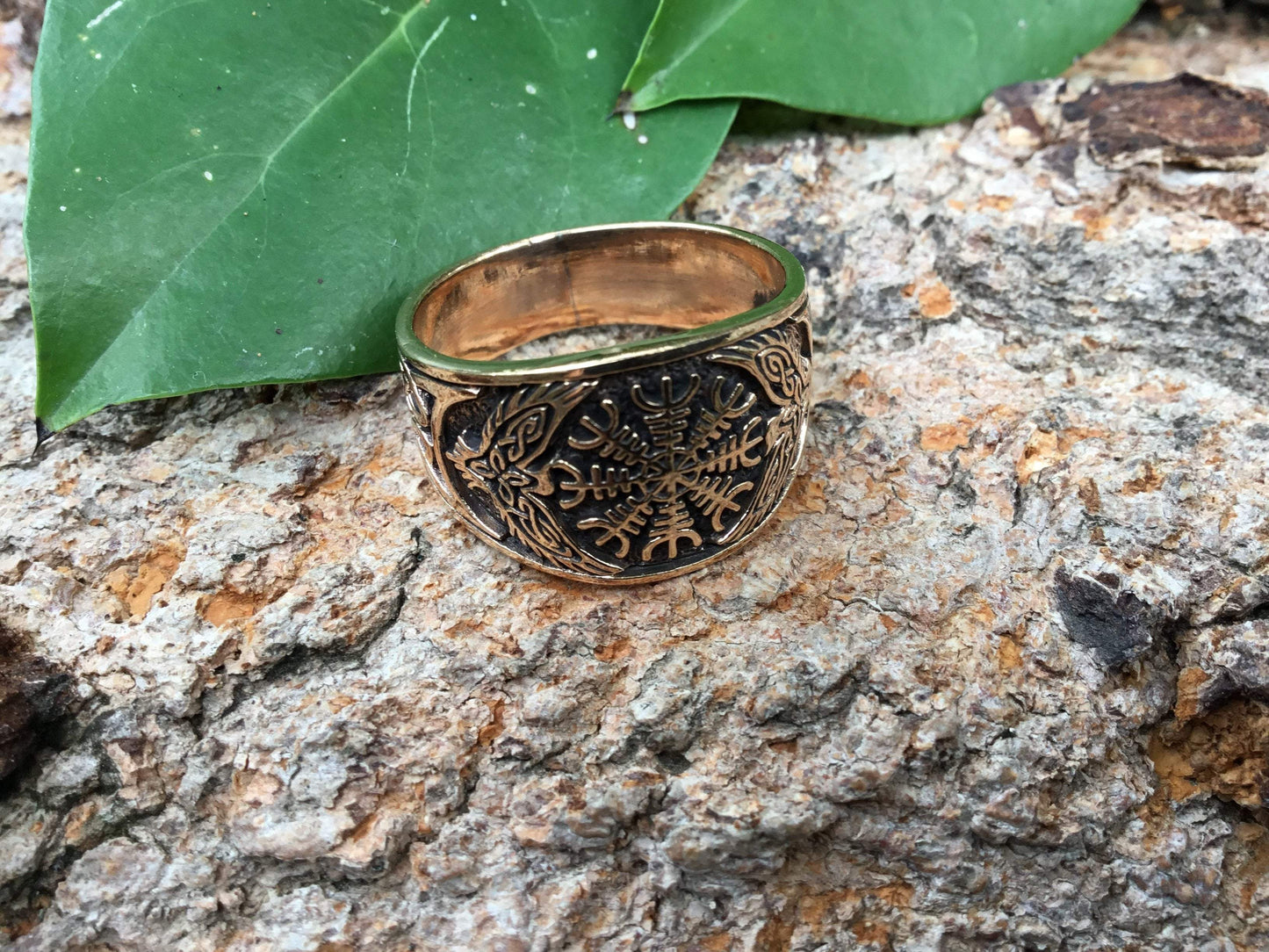Helm of Awe Viking Raven Bronze Ring - SilverMania925