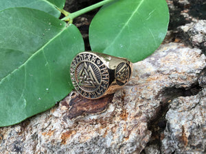 Valknut Viking Norse Runes Bronze Ring