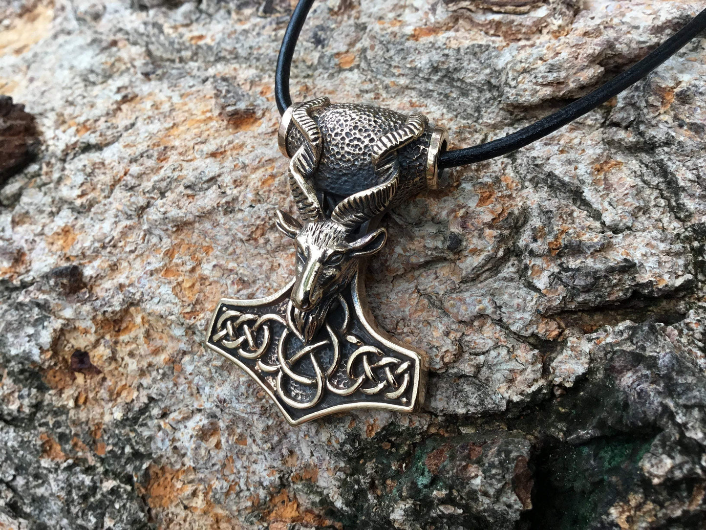Thor Hammer Mjolnir Viking Goat Bronze Handcrafted Pendant - SilverMania925