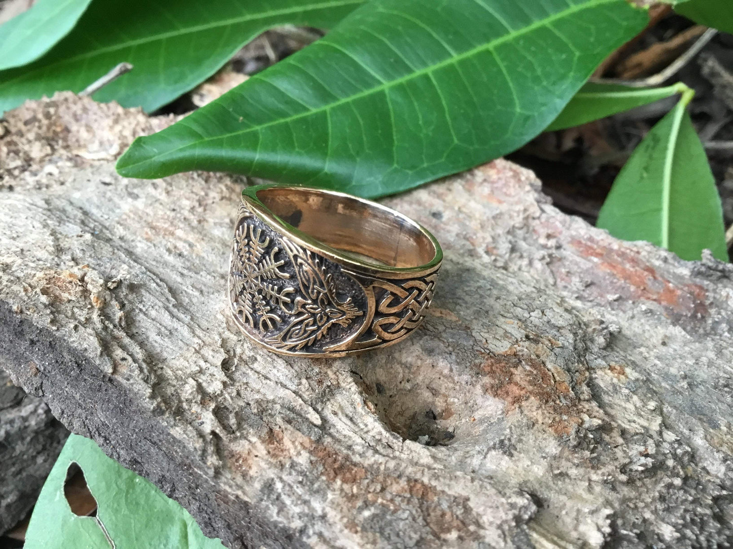Helm of Awe Viking Raven Bronze Ring - SilverMania925
