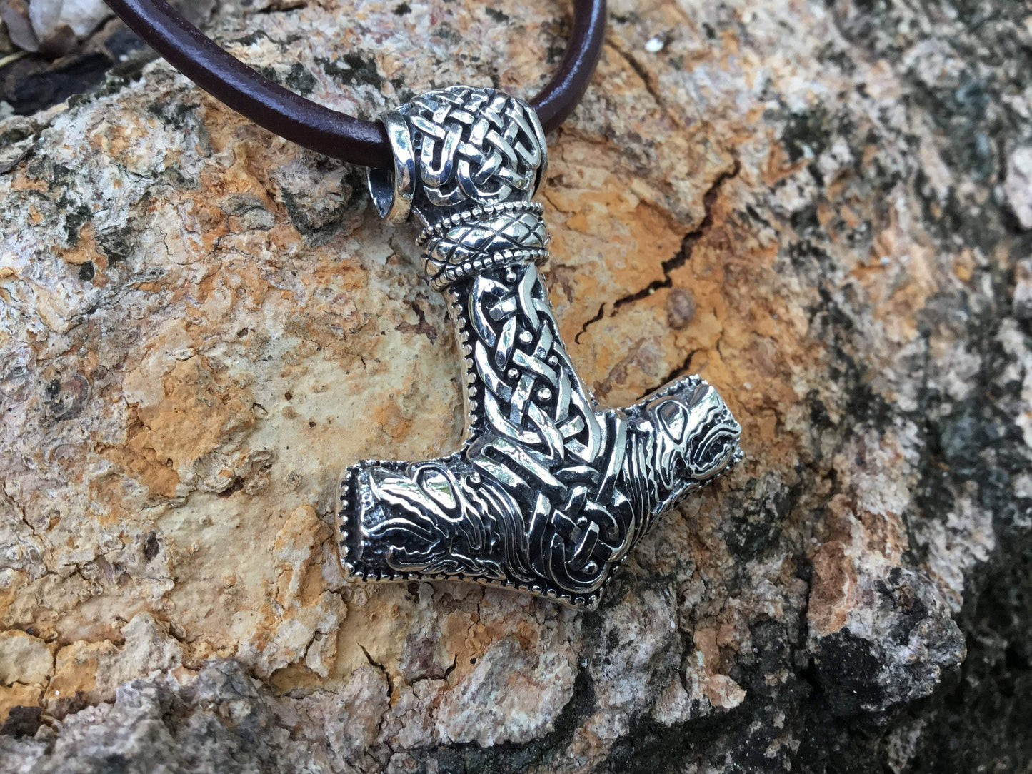 Sterling Silver Mjolnir Pendant with Jormungand Heads - SilverMania925