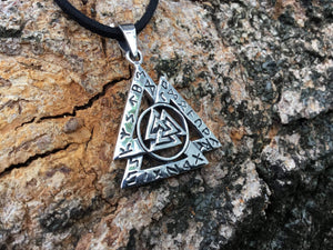 925 Sterling Silver Viking Valknut with Norse Runes Pendant