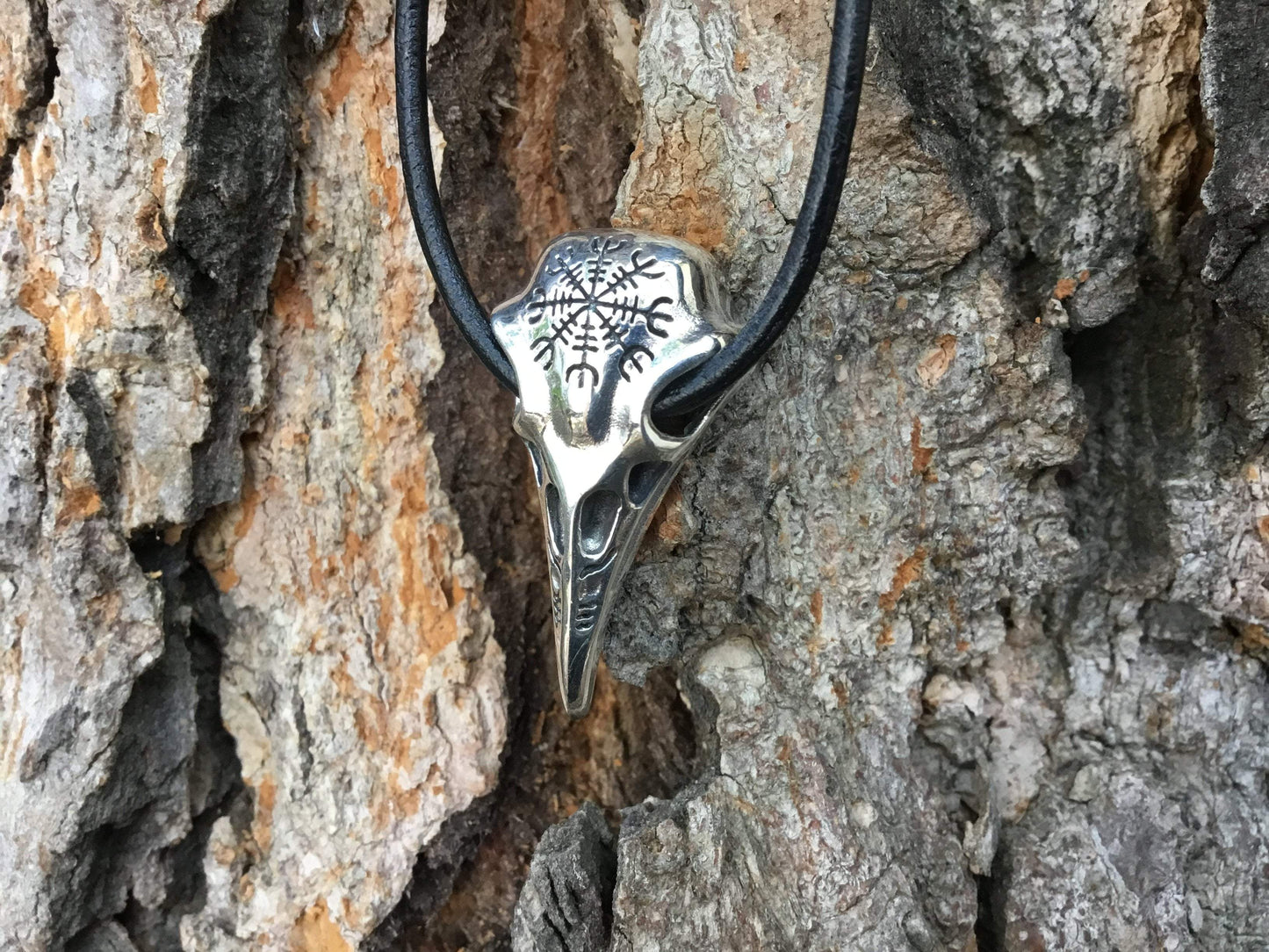 925 Sterling Silver Viking Raven Skull Helm of Awe Pendant - SilverMania925