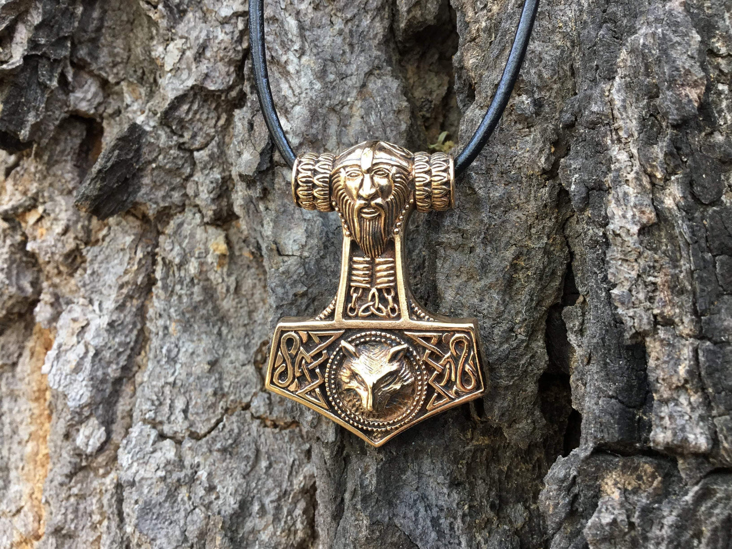 Thor Hammer Bronze Handcrafted Pendant with Viking Wolf - SilverMania925