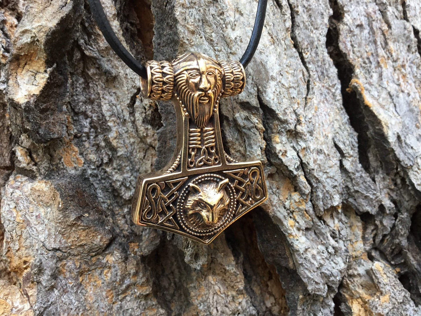 Thor Hammer Bronze Handcrafted Pendant with Viking Wolf - SilverMania925