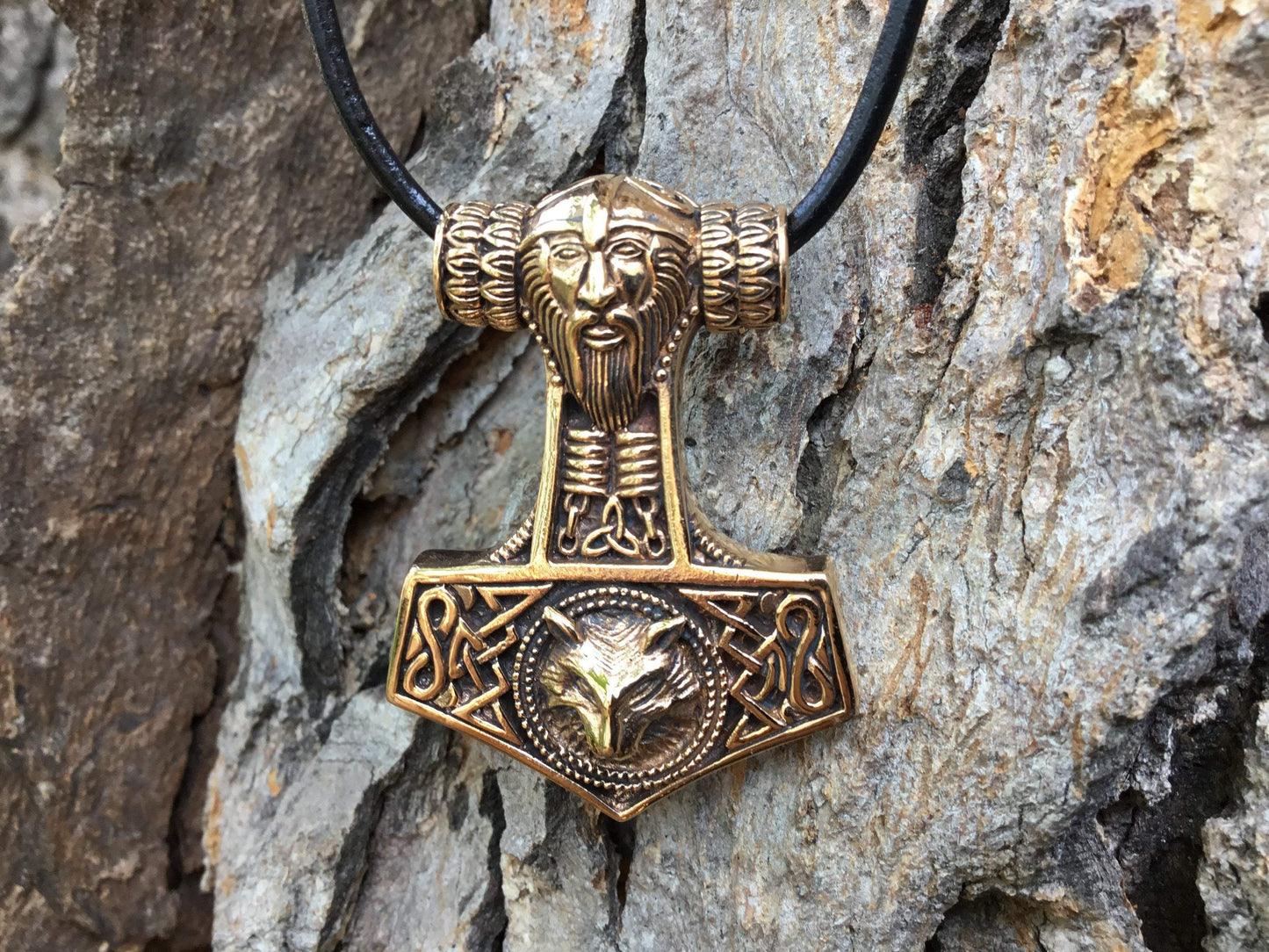 Thor Hammer Bronze Handcrafted Pendant with Viking Wolf - SilverMania925