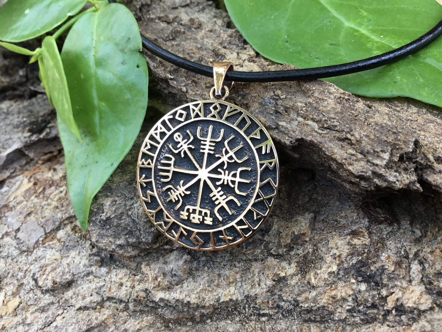 Viking Vegvisir with Runes Bronze Handcrafted Pendant - SilverMania925
