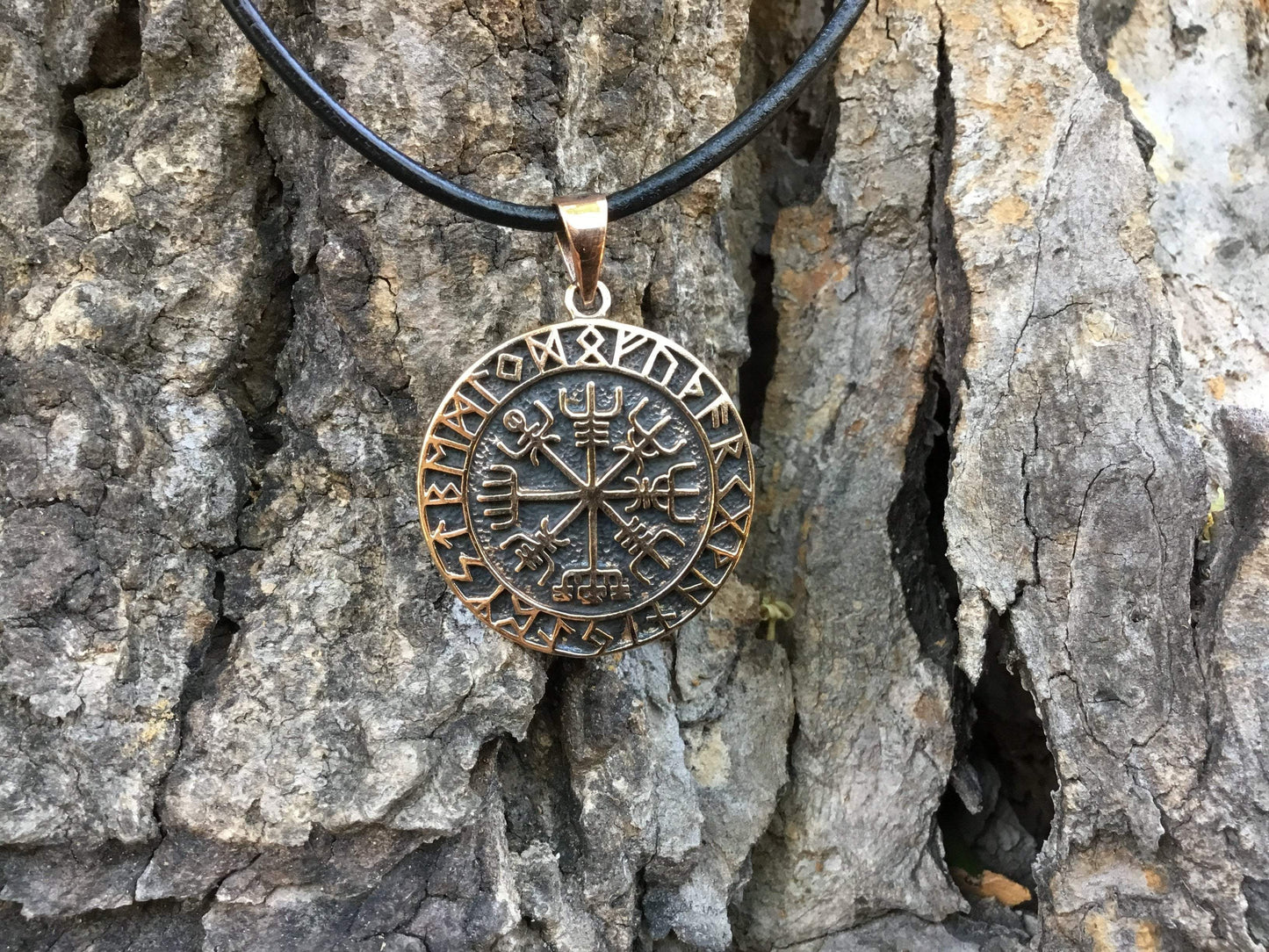 Viking Vegvisir with Runes Bronze Handcrafted Pendant - SilverMania925