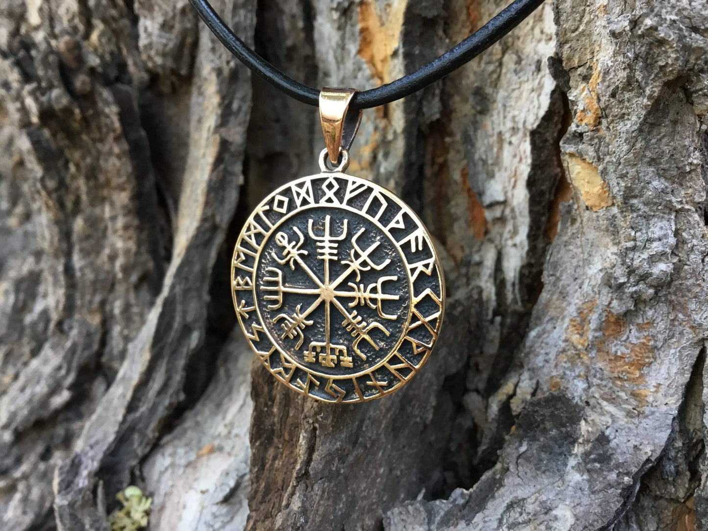 Viking Vegvisir with Runes Bronze Handcrafted Pendant - SilverMania925