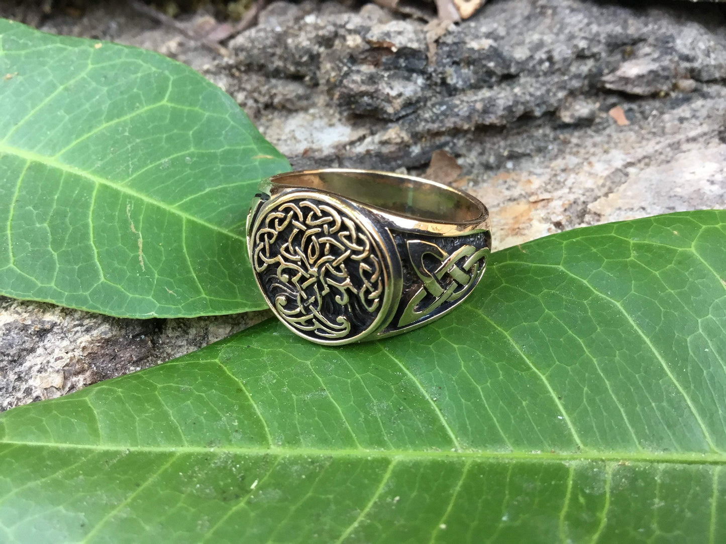 Viking Yggdrasil Bronze Ring with Knotwork - SilverMania925