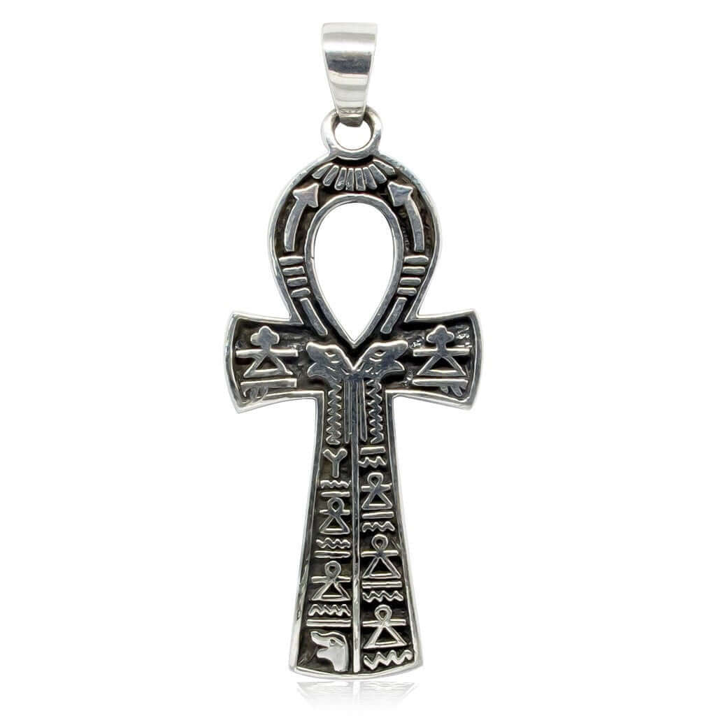 925 Sterling Silver Hieroglyphics Cartouche Pharaoh Ankh Cross Egypt Revival Pendant - SilverMania925