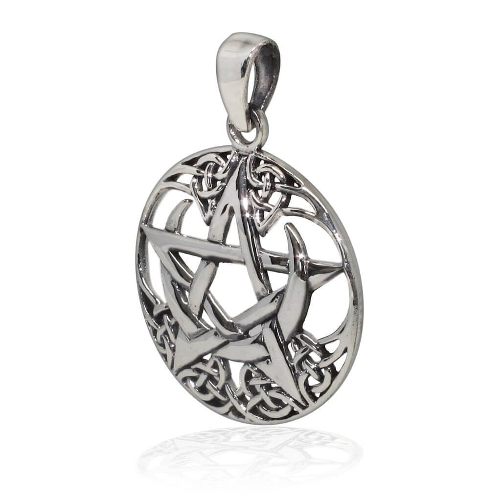 925 Sterling Silver Celtic Pagan Pentagram Crescent Moon Round Charm Pendant