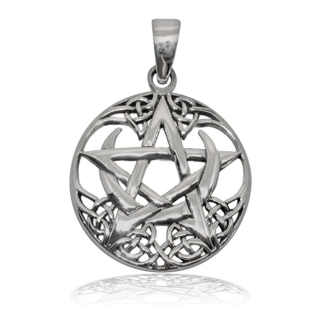 925 Sterling Silver Celtic Pagan Pentagram Crescent Moon Round Charm Pendant