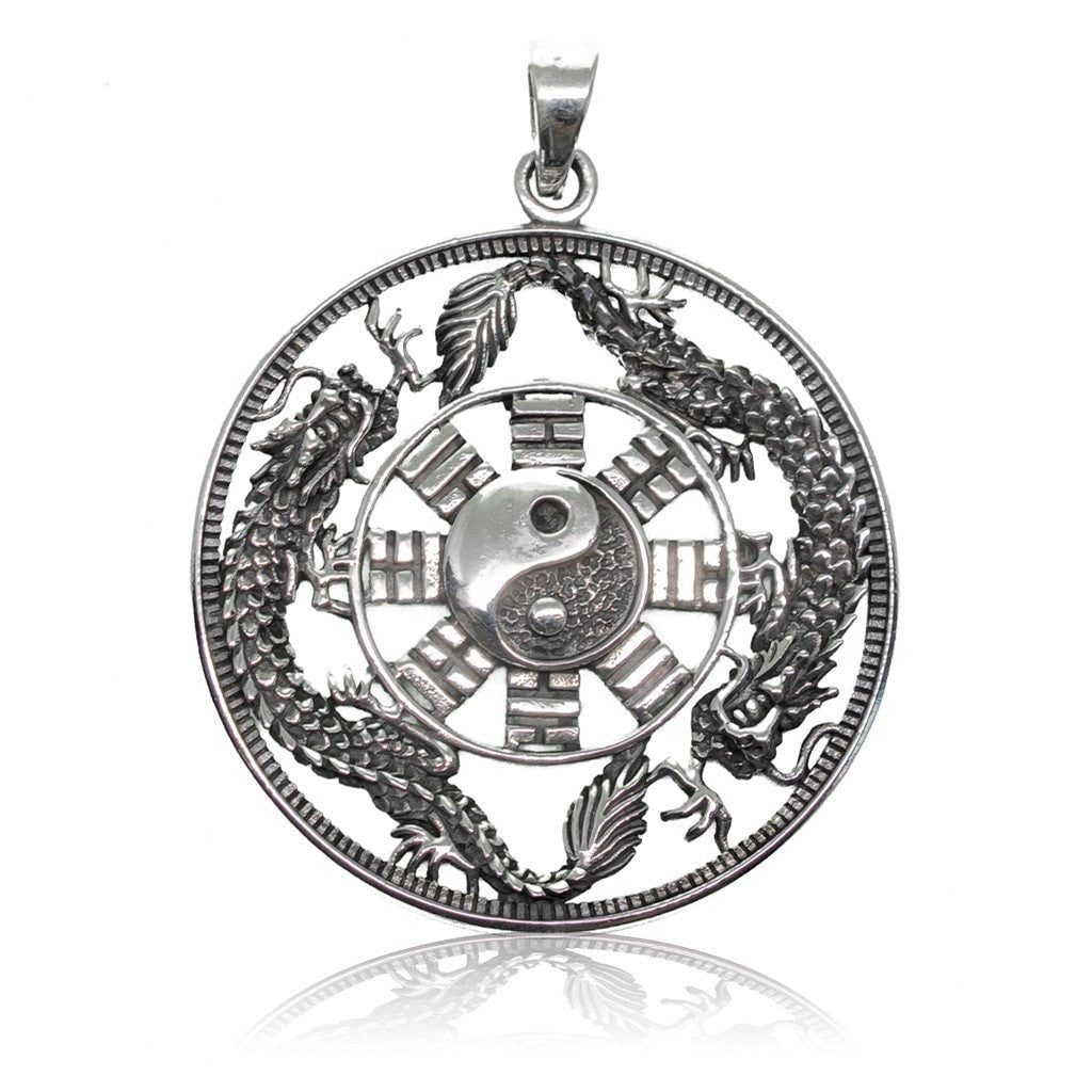 925 Sterling Silver Yin Ying Yang Chinese Dragon Round Big Jewelry Pendant