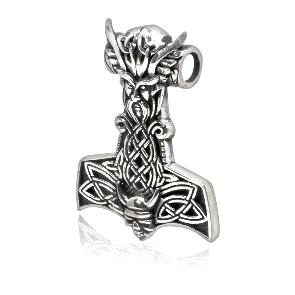 925 Sterling Silver Viking Odin Thor Hammer Mjölnir Mjolnir Skull Norse Pendant - SilverMania925