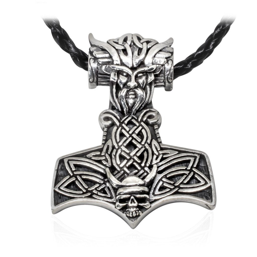 925 Sterling Silver Viking Odin Thor Hammer Mjölnir Mjolnir Skull Norse Pendant - SilverMania925