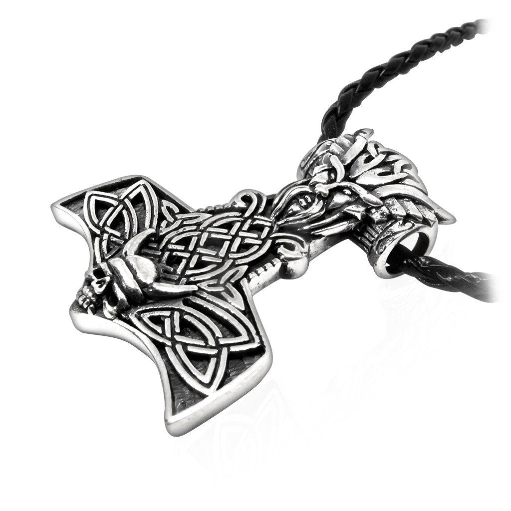 925 Sterling Silver Viking Odin Thor Hammer Mjölnir Mjolnir Skull Norse Pendant - SilverMania925