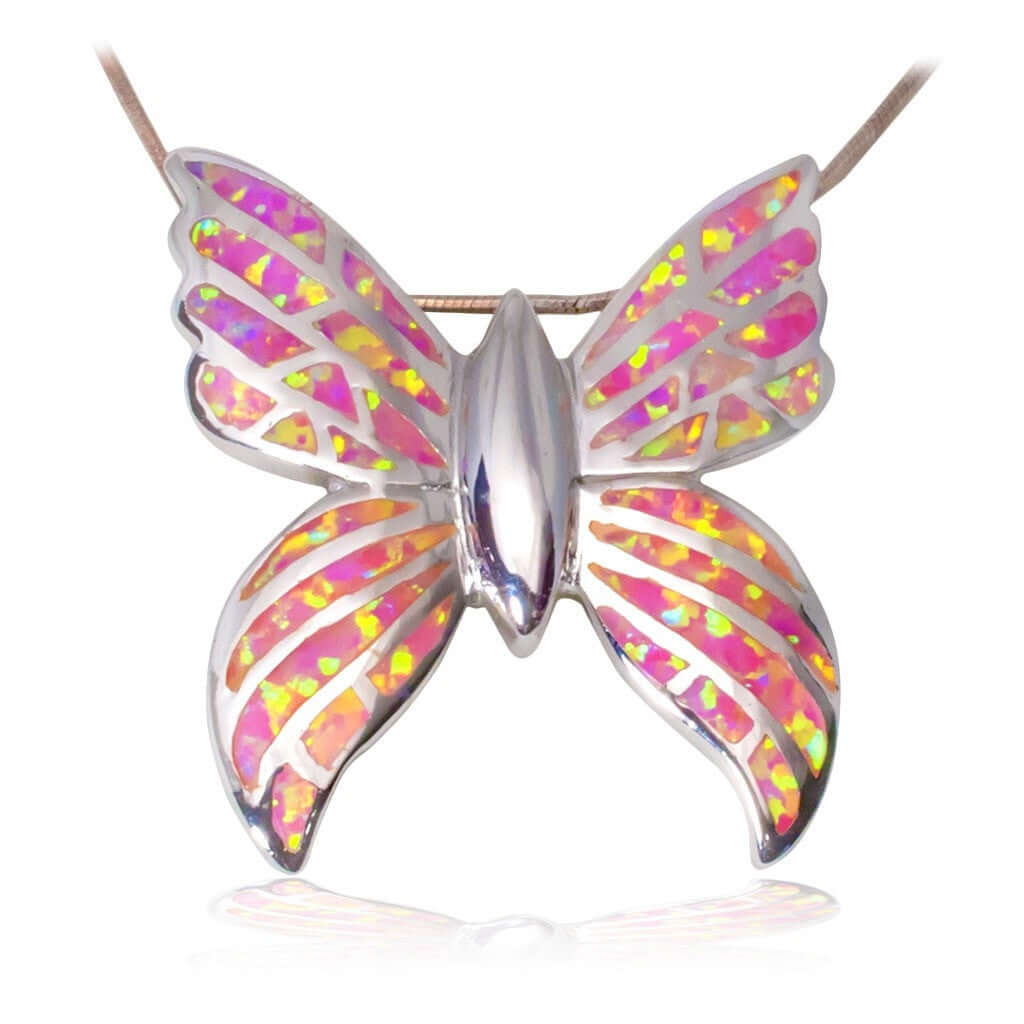 925 Sterling Silver Pink Inlay Fire Opal Butterfly Monark Big Charm Pendant 9gr