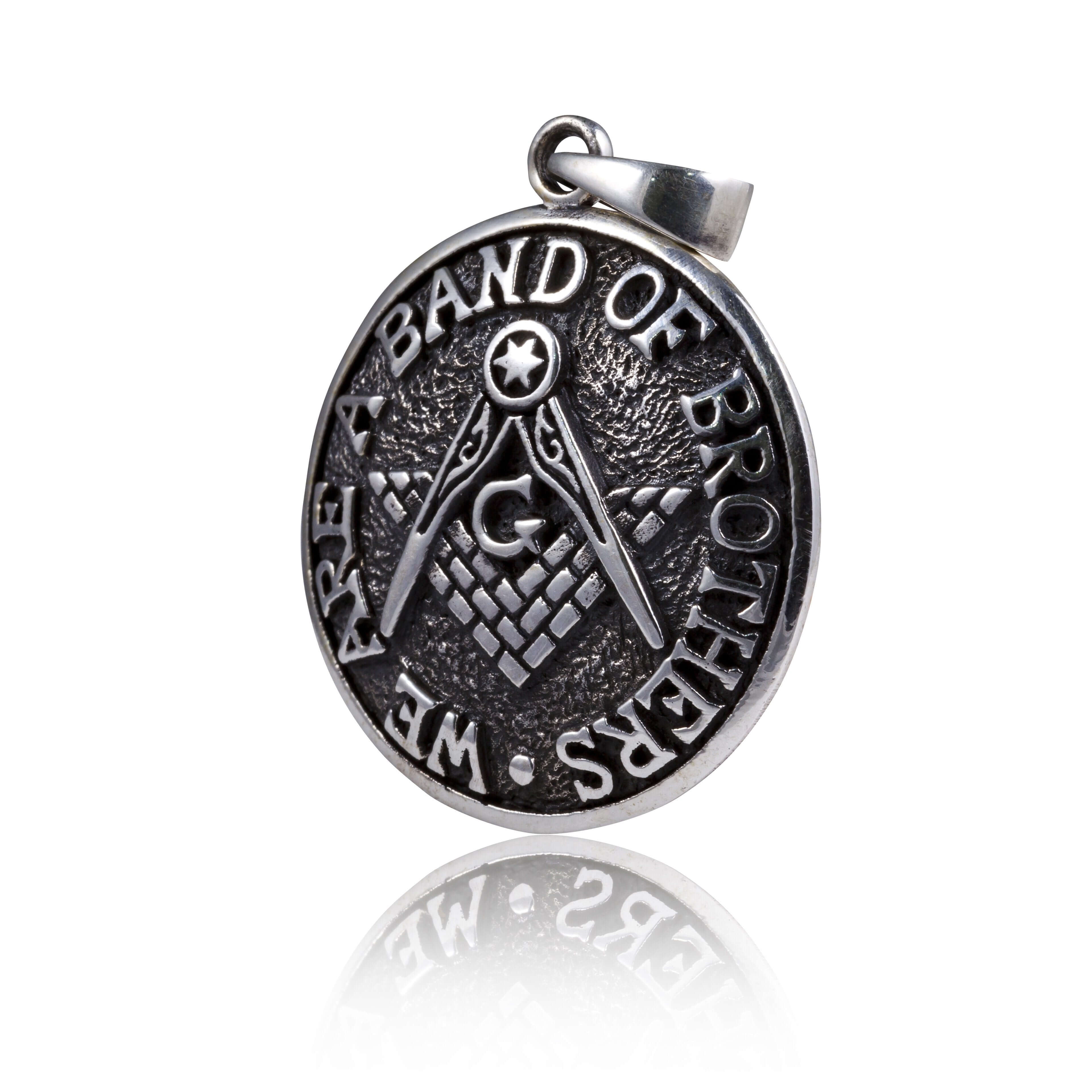 925 Sterling Silver Masonic Freemason Compass We Are a Band of Brothers Coin Pendant - SilverMania925