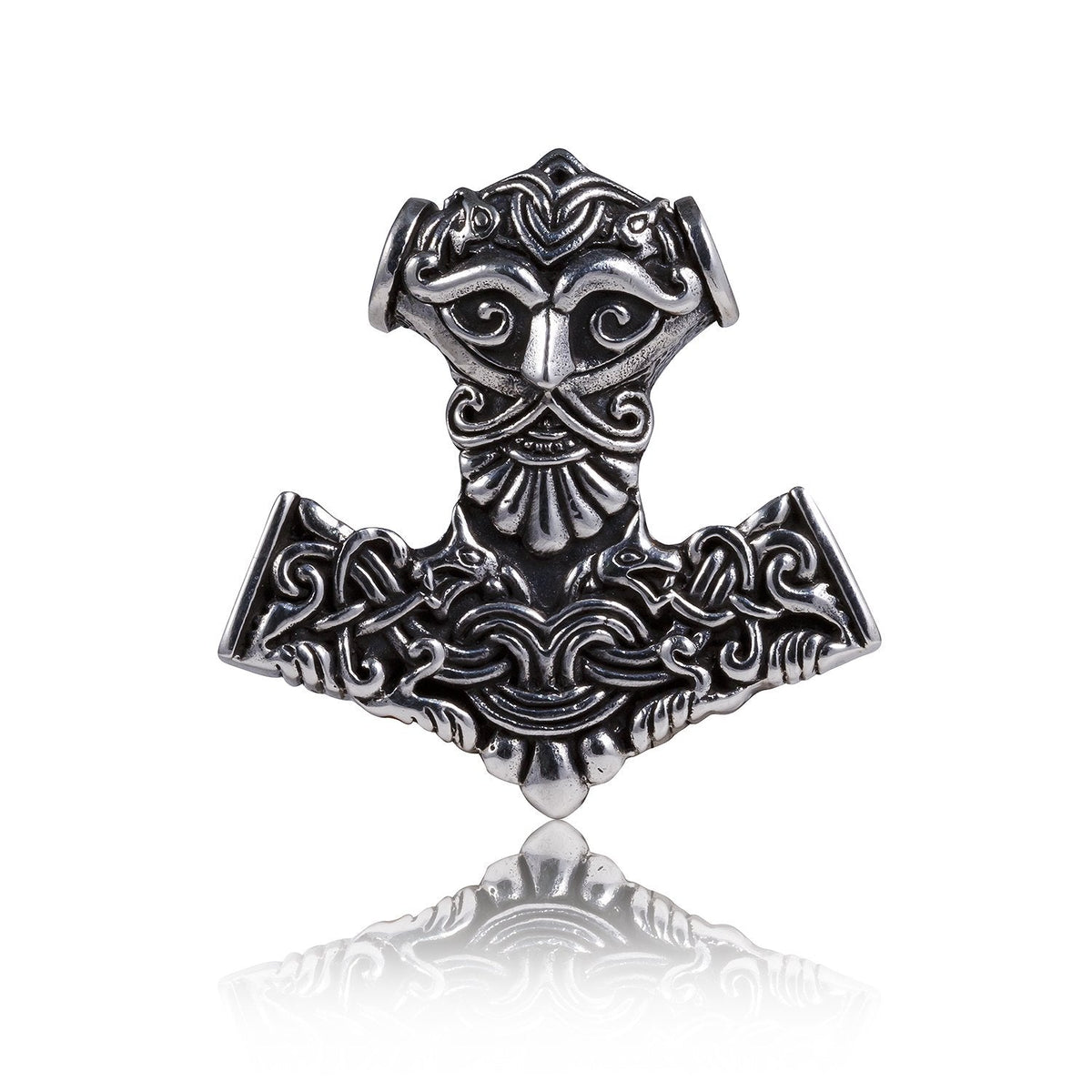 925 Sterling Silver Thor Hammer Mjolnir Odin Viking Wolf Fenrir Motif Pendant - SilverMania925