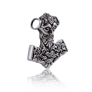 925 Sterling Silver Thor Hammer Mjolnir Odin Viking Wolf Fenrir Motif Pendant