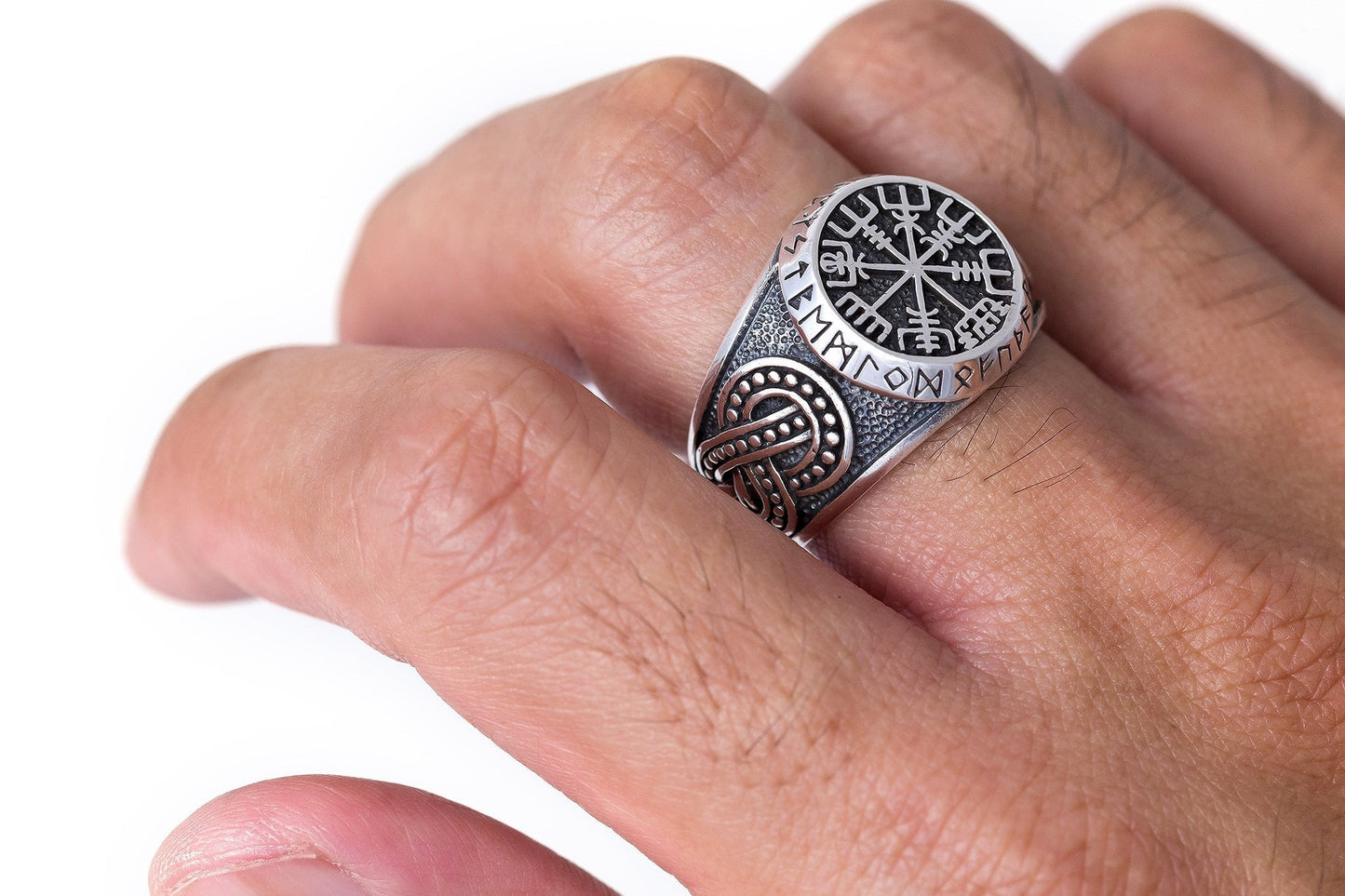 925 Sterling Silver Viking Vegvisir Runes Futhark Legendary Handcrafted Ring - SilverMania925