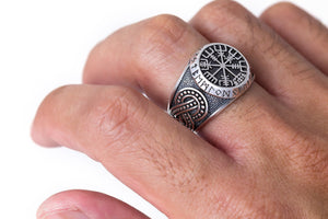 925 Sterling Silver Viking Vegvisir Runes Futhark Legendary Handcrafted Ring
