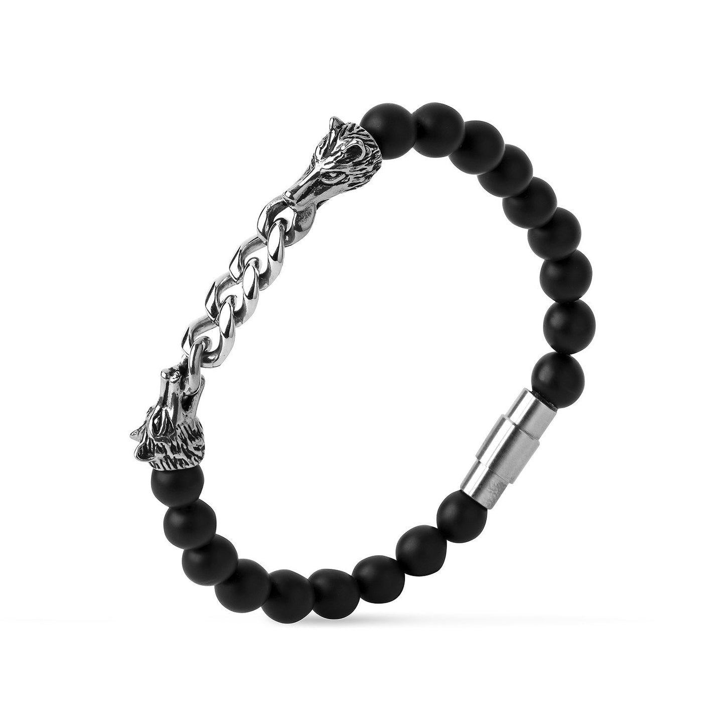 Viking Wolf with Black Onyx Beads Bracelet - SilverMania925