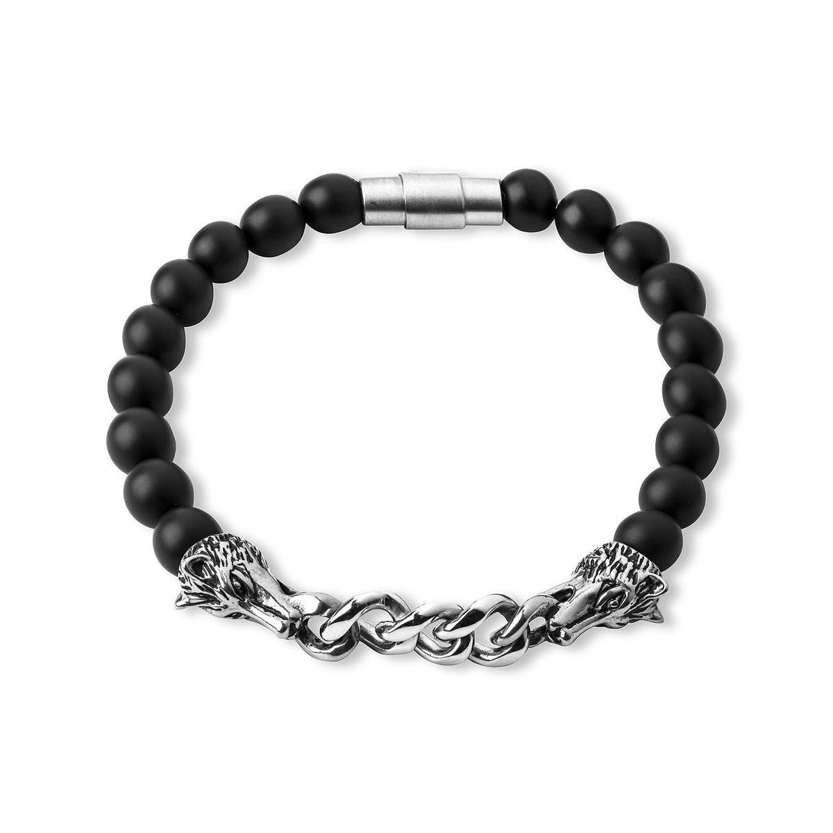Viking Wolf with Black Onyx Beads Bracelet - SilverMania925