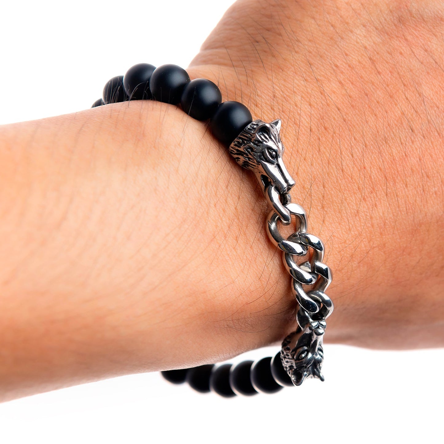 Viking Wolf with Black Onyx Beads Bracelet - SilverMania925