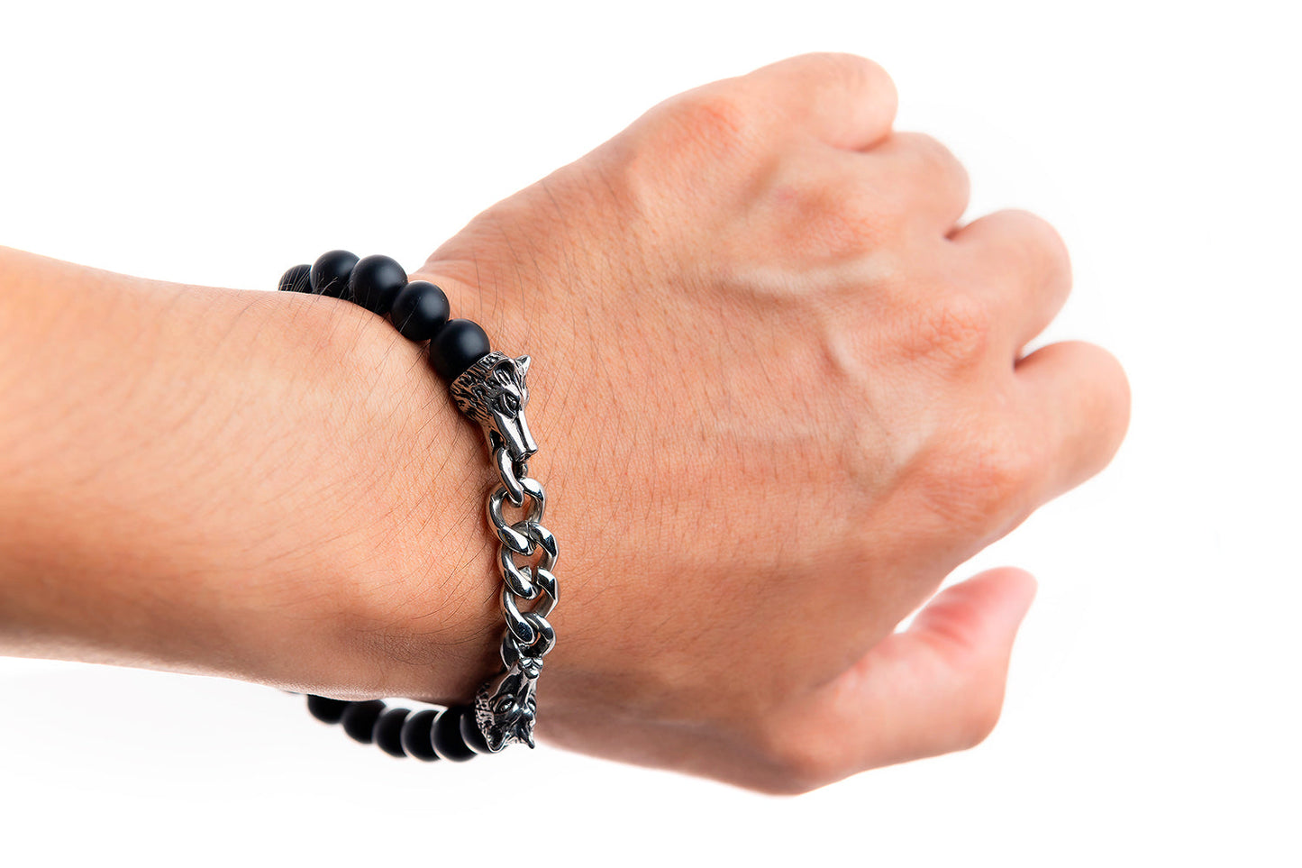 Viking Wolf with Black Onyx Beads Bracelet - SilverMania925