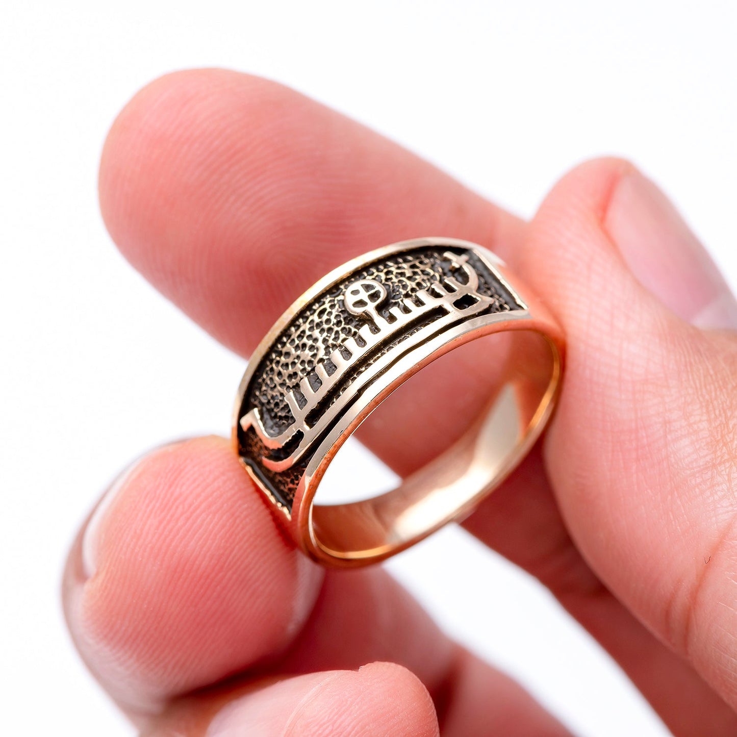 Handcrafted Bronze Viking Drakkar Longship Band Ring - SilverMania925