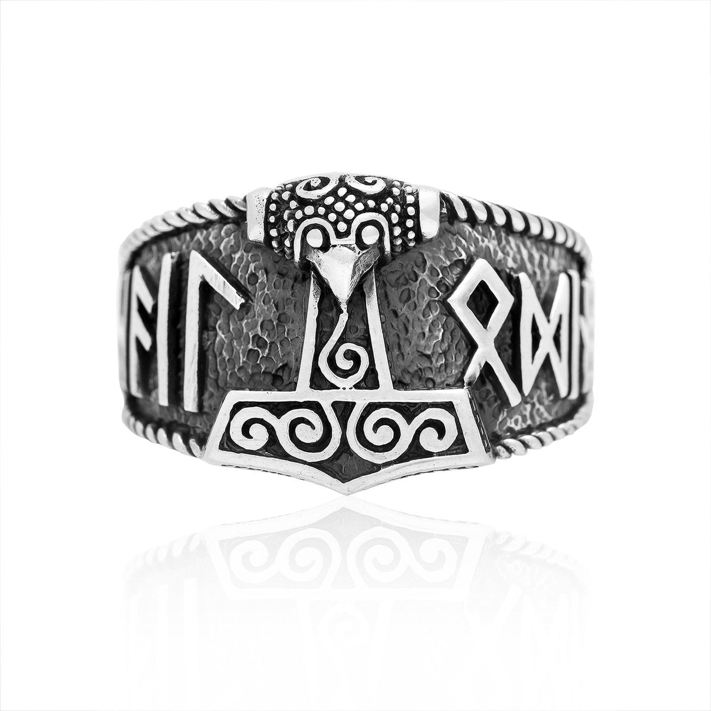 Sterling Silver Viking Mjolnir with Hail Odin Script Ring - SilverMania925