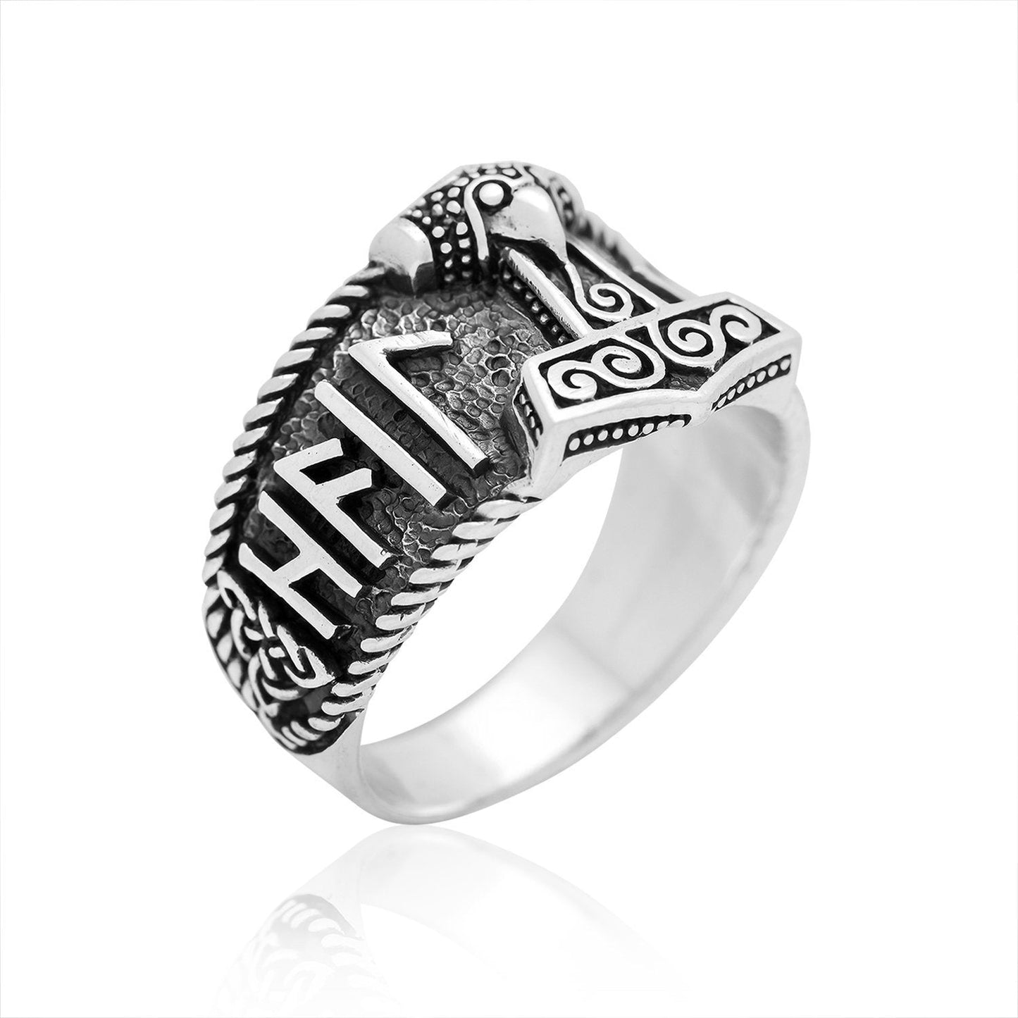 Sterling Silver Viking Mjolnir with Hail Odin Script Ring - SilverMania925