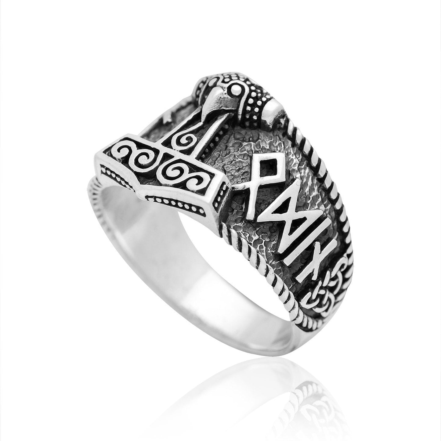 Sterling Silver Viking Mjolnir with Hail Odin Script Ring - SilverMania925