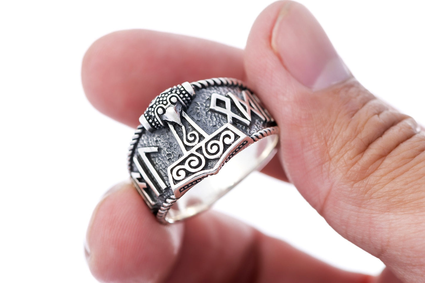 Sterling Silver Viking Mjolnir with Hail Odin Script Ring - SilverMania925