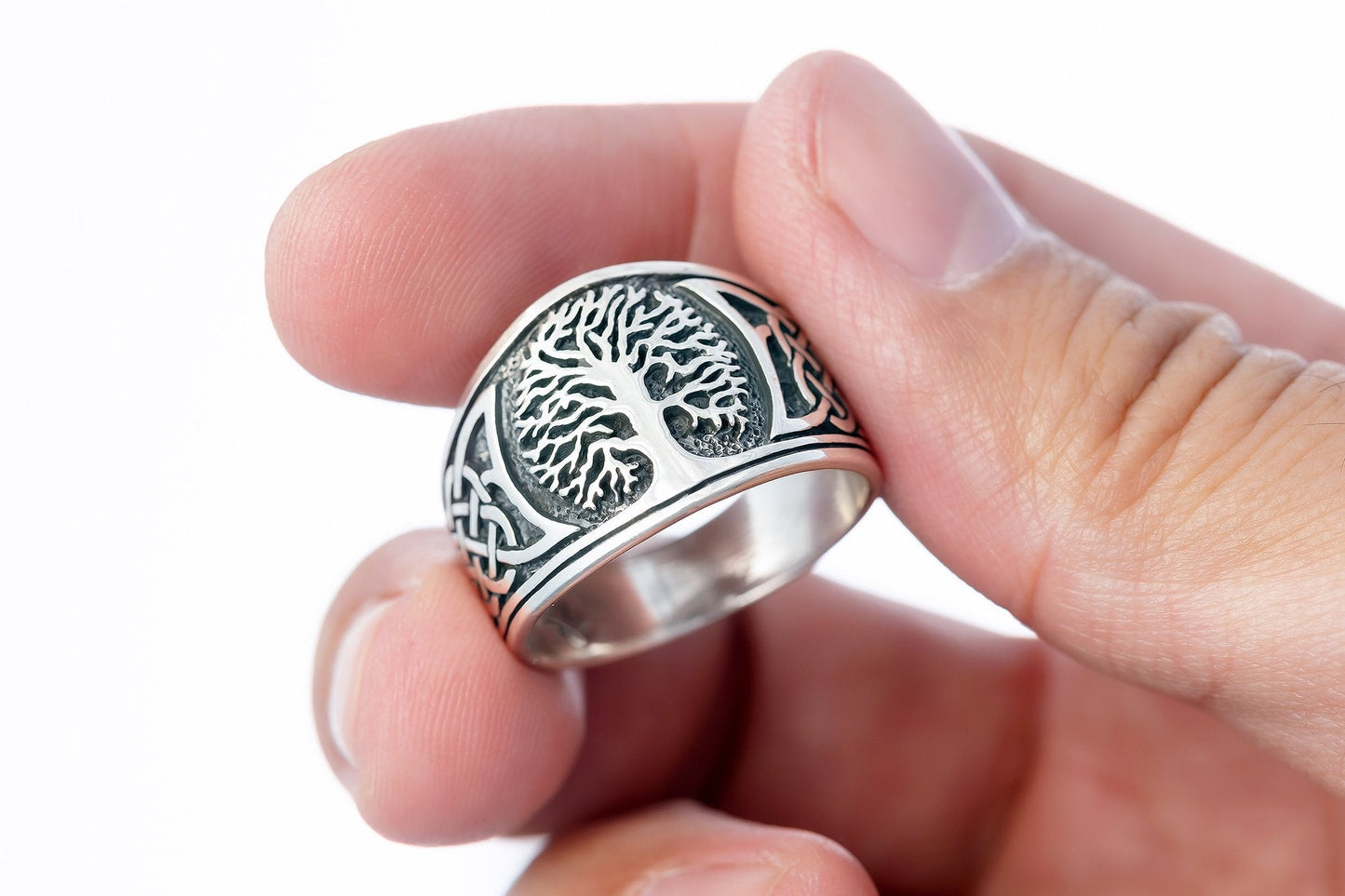 925 Sterling Silver Viking Yggdrasil with Celtic Knotwork Ring - SilverMania925