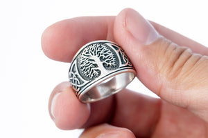925 Sterling Silver Viking Yggdrasil with Celtic Knotwork Ring