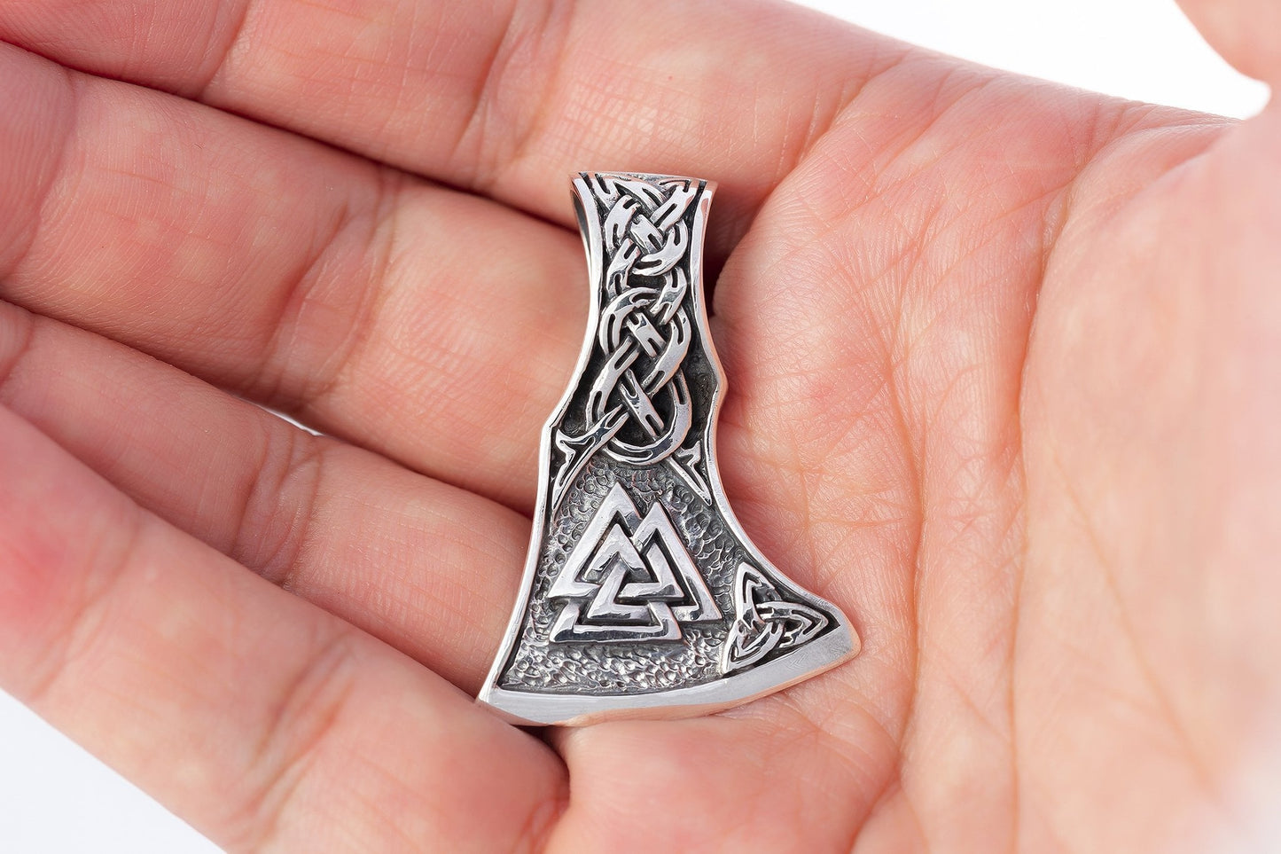 925 Sterling Silver Viking Valknut Triquetra Axe Amulet - SilverMania925